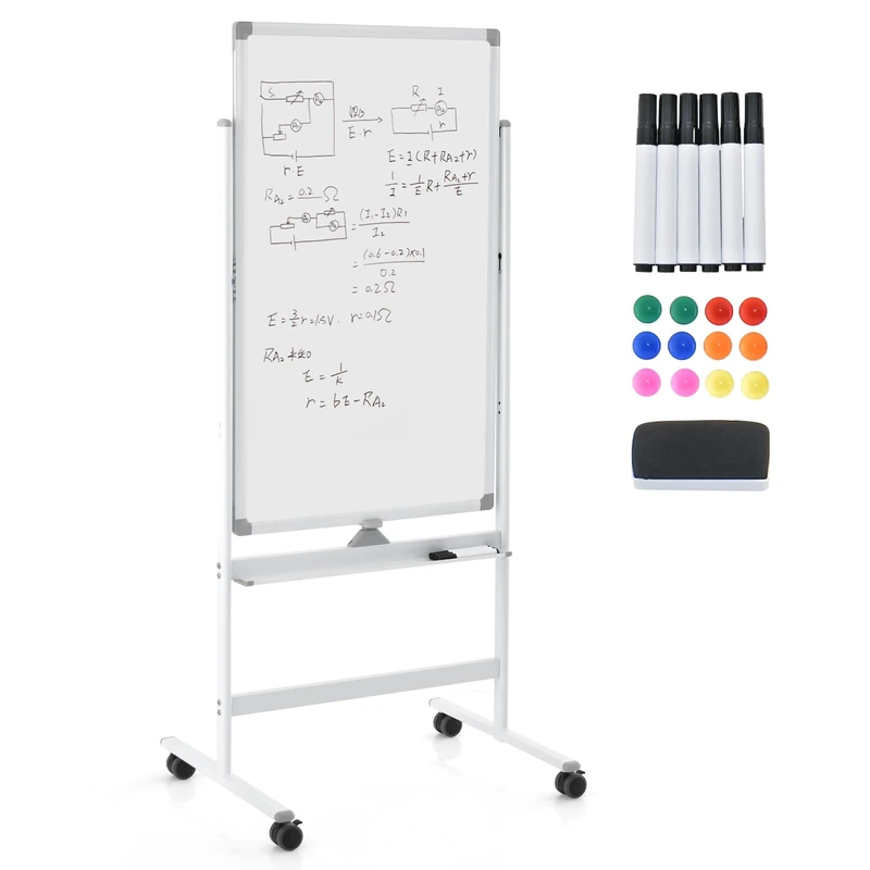 CASART Flip Chart Easel Whiteboard, Double-Sided Magnetic Dry Erase Board with Stand, Eraser, Magnets & Makers, Height Adjustable Mobile Whiteboard for Office Classroom (White, 60 x 100cm)