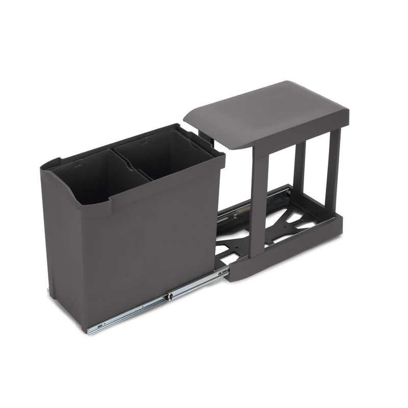 Emuca - Recycling bins for kitchen, 2 x 14L, lower fixing and automatic removal, Steel and Plastic, Anthracite grey