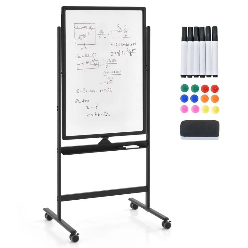 CASART Flip Chart Easel Whiteboard, Double-Sided Magnetic Dry Erase Board with Stand, Eraser, Magnets & Makers, Height Adjustable Mobile Whiteboard for Office Classroom (Black, 60 x 90cm)