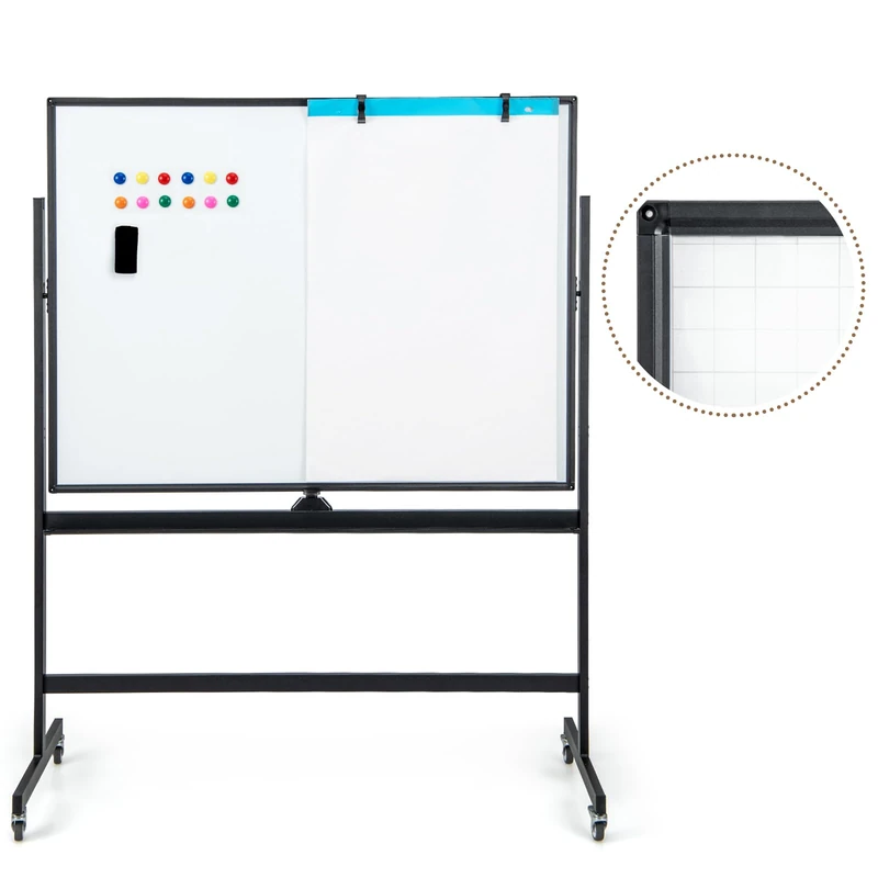 CASART Double Sided Easel-Style Whiteboard, Height Adjustable Dry Erase Board with Stand, Eraser, Magnets & Paper Clips, Mobile Magnetic Whiteboard for Office Classroom (Black, 120 x 90cm)