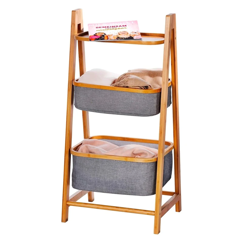 Avilia Bamboo Storage Shelf with 2 Polyester Laundry Baskets and One Shelf for Bedroom and Bathroom, 33 x 45 x 99 cm