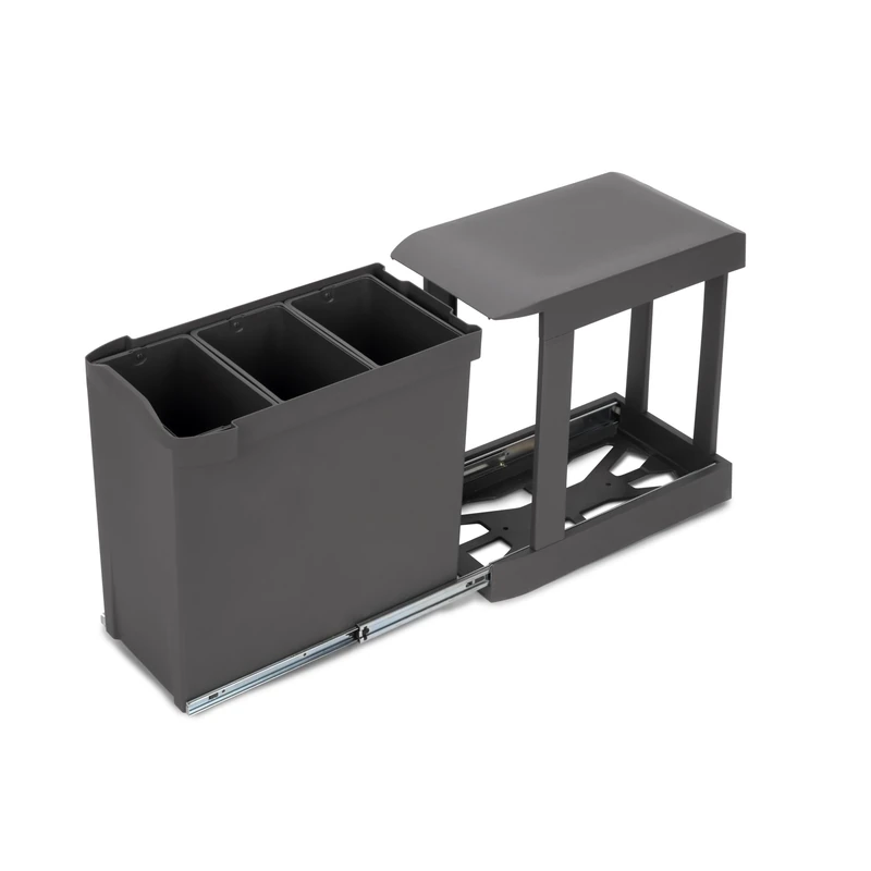 Emuca - Recycling bins for kitchen, 3 x 10L, lower fixing and automatic removal, Steel and Plastic, Anthracite grey