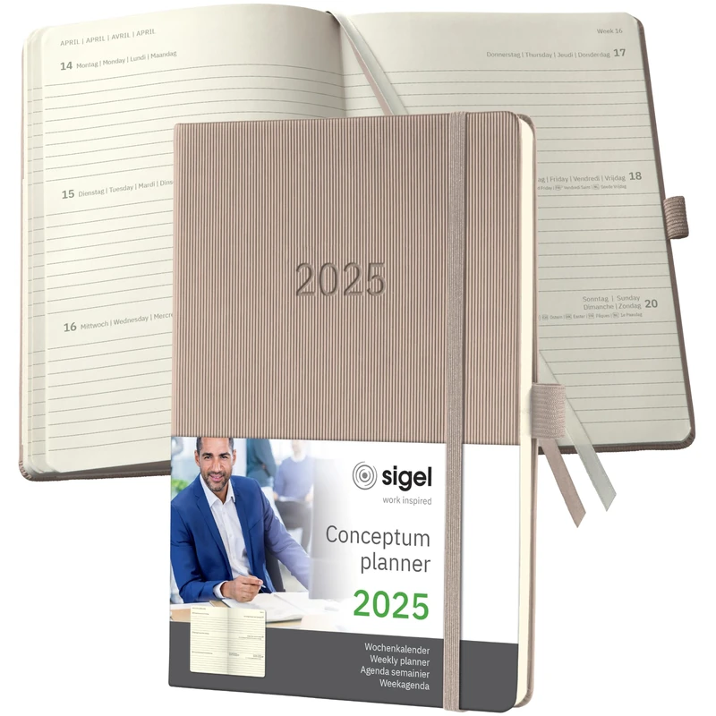 SIGEL C2560 Conceptum Weekly Planner 2025, Approx. A5, Taupe, hardcover, 2 Pages = 1 Week, 192 Pages