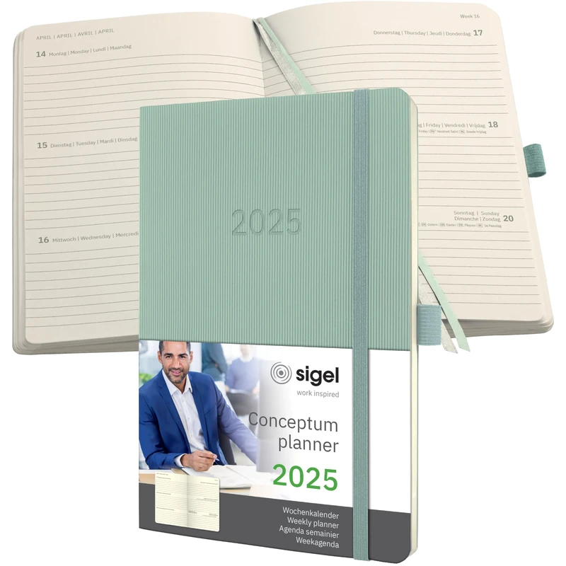 SIGEL C2538 Conceptum Weekly Planner 2025, Approx. A5, Green, softcover, 2 Pages = 1 Week, 192 Pages