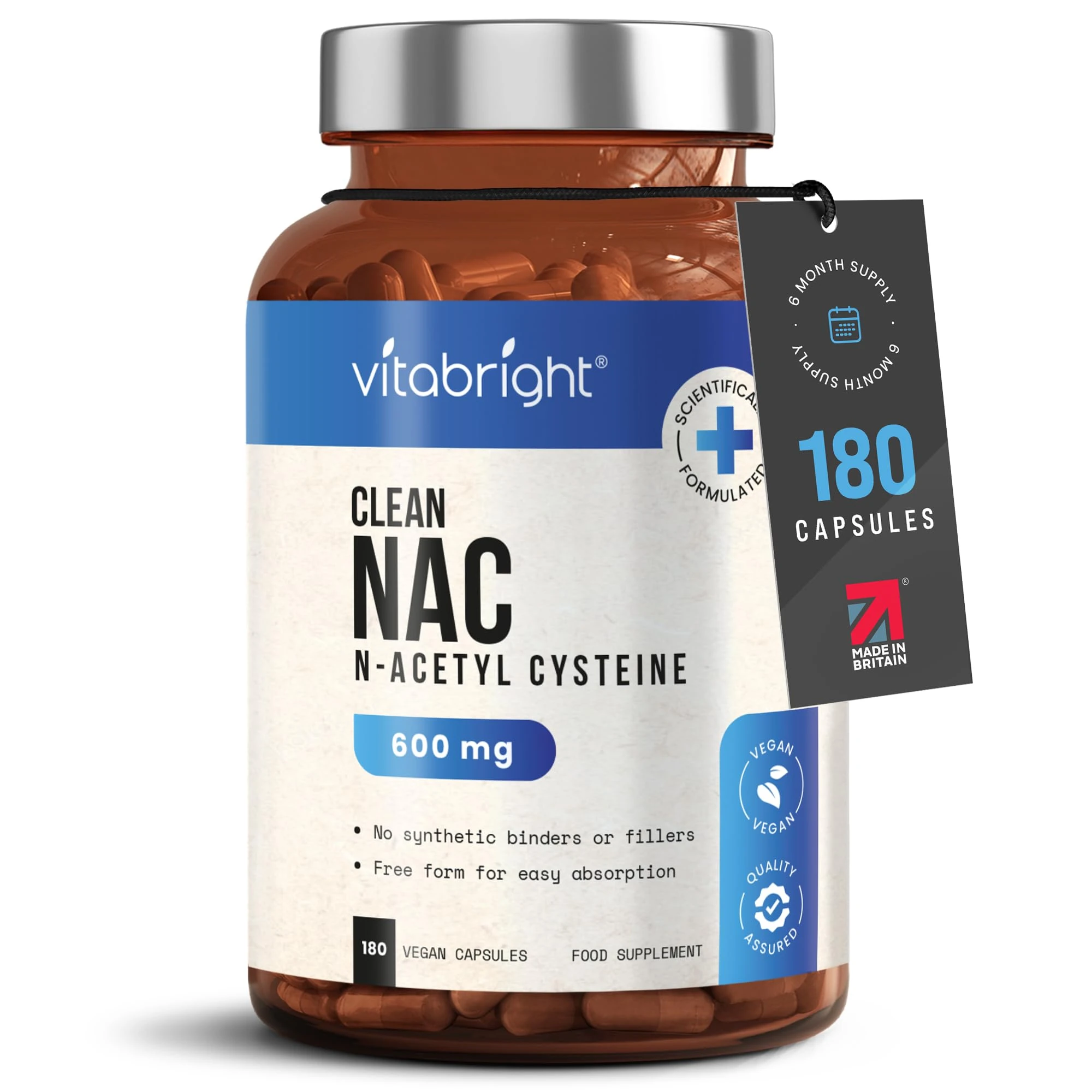 VitaBright NAC Supplement | 600mg | 180 Capsules | Acetylcysteine Nutritional Supplements | Swallow or Twist Open Capsules of Powder | Pure Clean NAC N-Acetyl-Cysteine 600mg Supplement