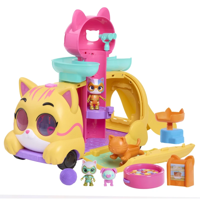 Just Play Disney Junior SuperKitties Purr ‘N’ Go Lights and Sounds Playset, 10 Pieces, Articulated Figures, Kids Toys for Ages 3 Up