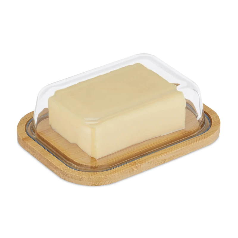 Relaxdays Butter Dish, with Lid, Bamboo & Glass, 250 g Butter, HxWxD: 5.5 x 19 x 14 cm, Butter Tray, Natural/Transparent