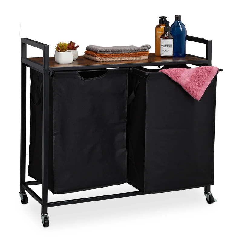 Relaxdays Laundry Basket, 2 Pull-out Compartments, Rollable Storage Rack, Linen Bin, Industrial Design, Black/Brown, Fibreboard, 74.5 x 80 x 33 cm - Image 1