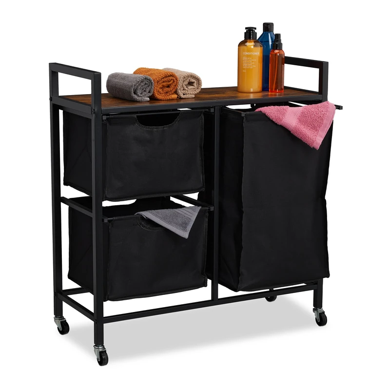 Relaxdays Laundry Basket, 3 Pull-out Compartments, Rollable Storage Rack, Linen Bin, Industrial Design, Black/Brown, Cotton, 78 x 72.5 x 30.5 cm