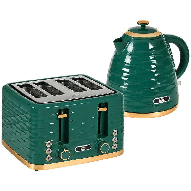 HOMCOM Kettle and Toaster Sets, 3000W 1.7L Rapid Boil Kettle & 4 Slice Toaster with 7 Browning Controls, Defrost, Reheat and Crumb Tray, UK Otter Thermostat, Green