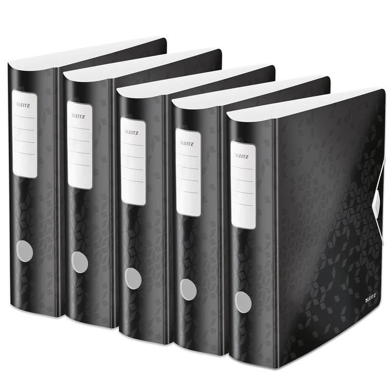 Leitz 11060095 180° Active Wow Quality Folder, Pack of 5, A4, Wide, Rounded Spine, 8.2 cm Wide, Elastic Closure, Lightweight Polyfoam, Plastic Folder, Wow Series, Black