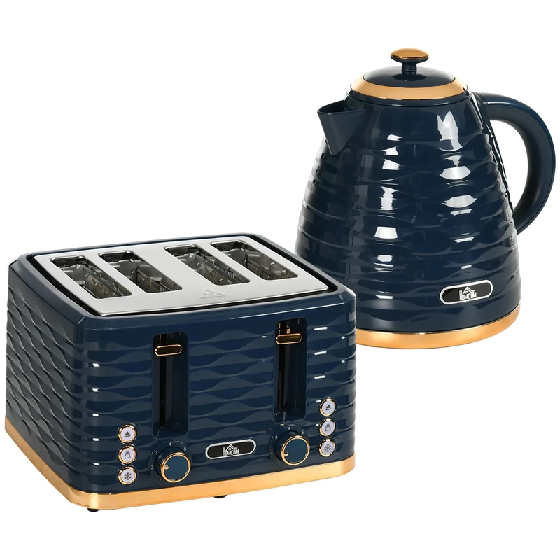 HOMCOM Kettle and Toaster Sets, 3000W 1.7L Rapid Boil Kettle & 4 Slice Toaster with 7 Browning Controls, Defrost, Reheat and Crumb Tray, UK Otter Thermostat, Blue