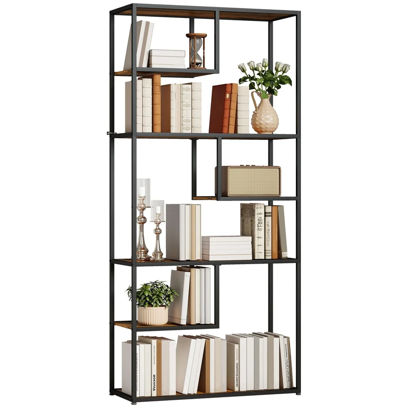 HOMCOM 6 Tier Bookcase, Industrial Display Shelf, Standing Storage Shelf, 34x83x180cm for Study, Office, Living Room, Bedroom, Rustic Brown and Black