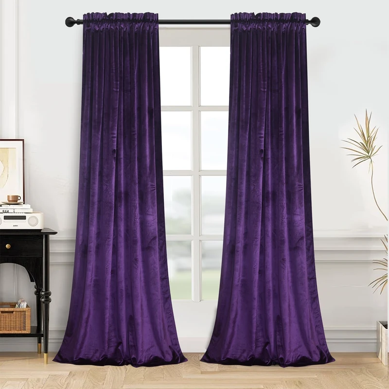 Roslynwood Purple Velvet Curtains 90 inch - Room Darkening Rod Pocket Thermal Insulated Window Treatment Vintage Backdrop Elegant Decor for Holloween/Bedroom/Living Room, W52 x L90, 2 Panels