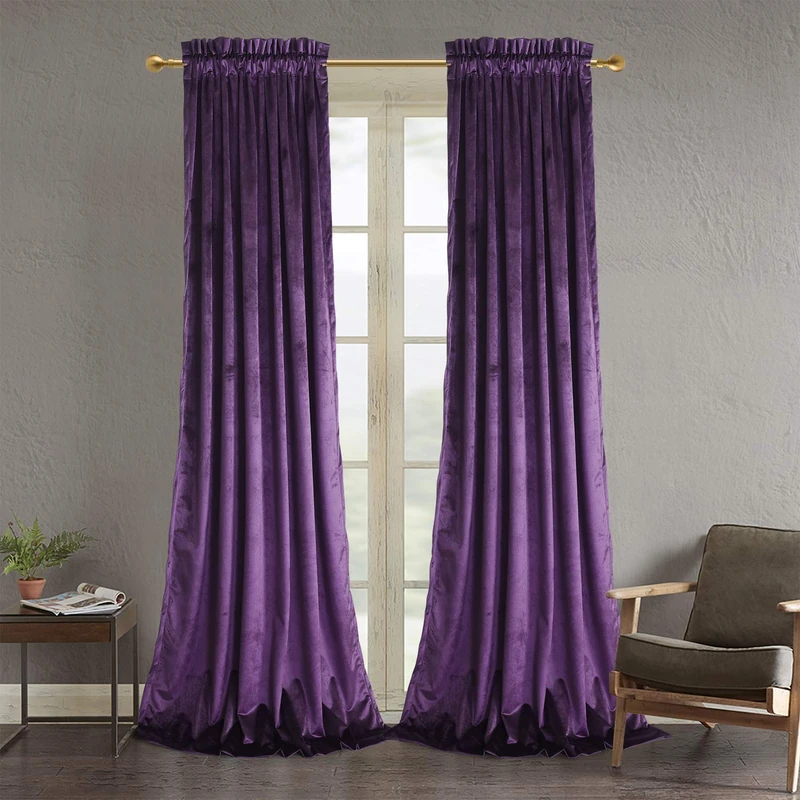 Roslynwood Purple Curtains Velvet - 120 inches Extra Long Room Darkening Thermal Insulated Window Treatment Vintage Privacy Backdrop for Holloween Christmas/Party/Hall, W52 x L120, 2 Panels
