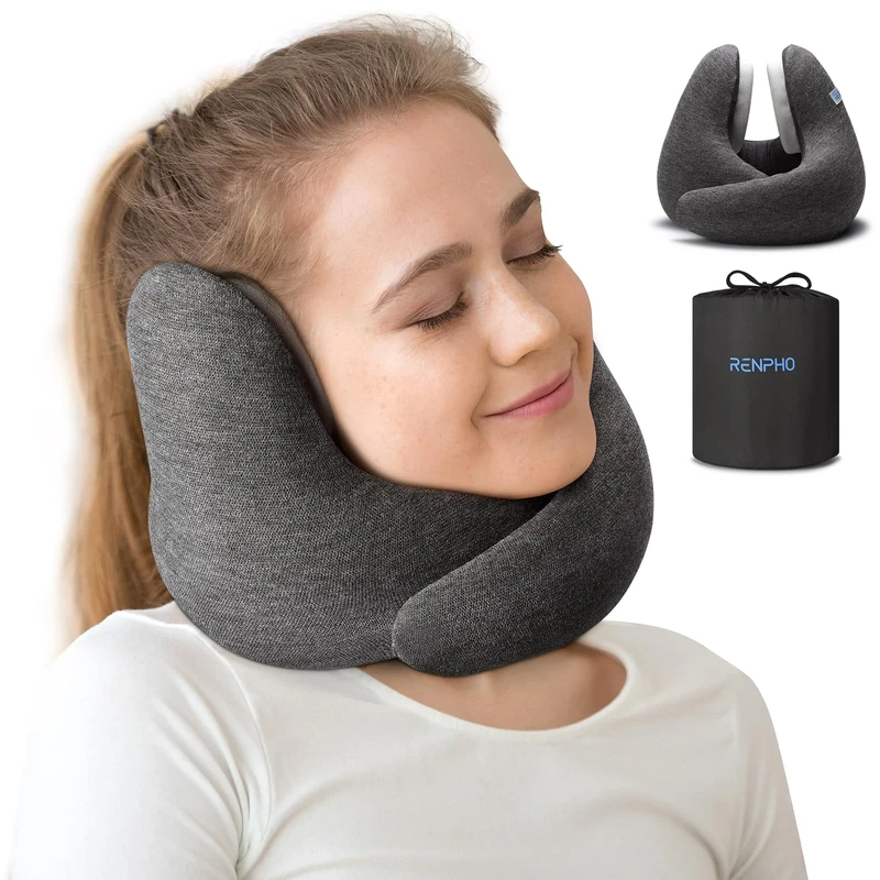 RENHPO Travel Pillow for Airplane, Memory Foam Neck Pillow Travel, Neck Pillow for Travel with Earmuffs, Travel Neck Pillows for Adults, Ergonomic Plane Pillow, Neck Support Travel Pillow with a Bag