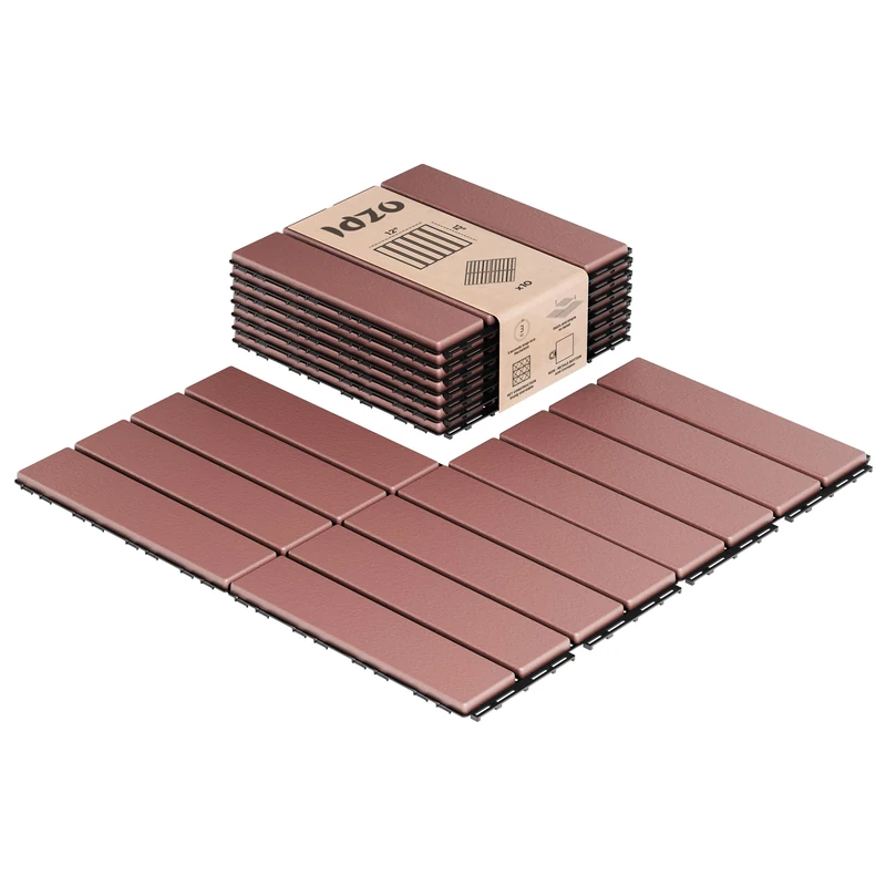 IDZO Plastic Interlocking Deck Tiles - 9PCS Waterproof Outdoor Flooring, All Weather Use Patio Tiles, Decking Stripe Pattern, 12 x 12 x 0.7 Inches, Dark Brown