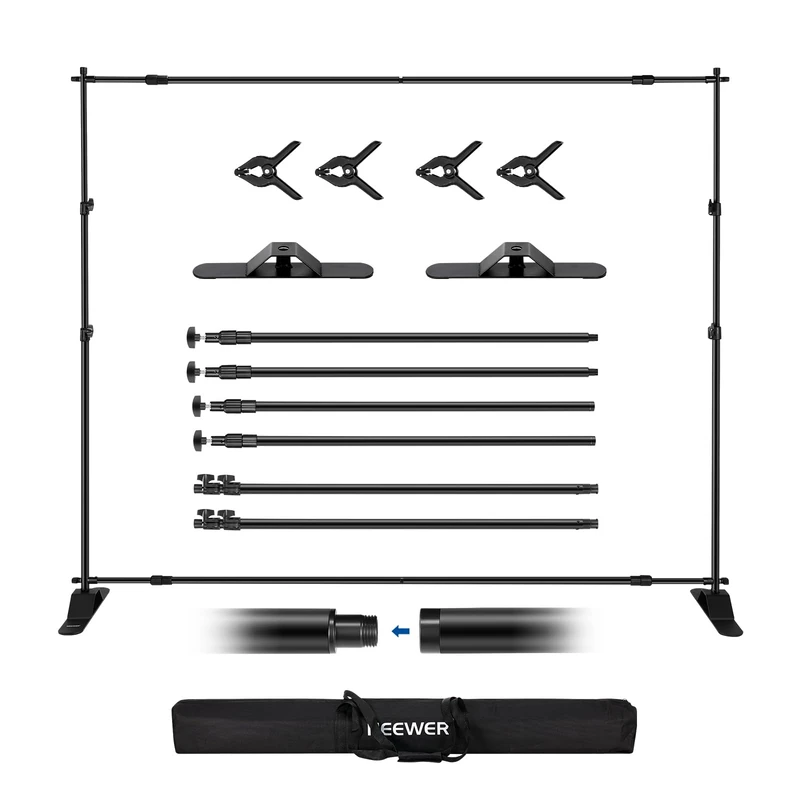 NEEWER Backdrop Stand Heavy Duty with Widened Bases, 10x8ft Background Stand with 4 Crossbars, 2 Telescopic Poles, 4 Spring Clips, and Carrying Bag for Photoshoot Studio Party Wedding, NK-ST300