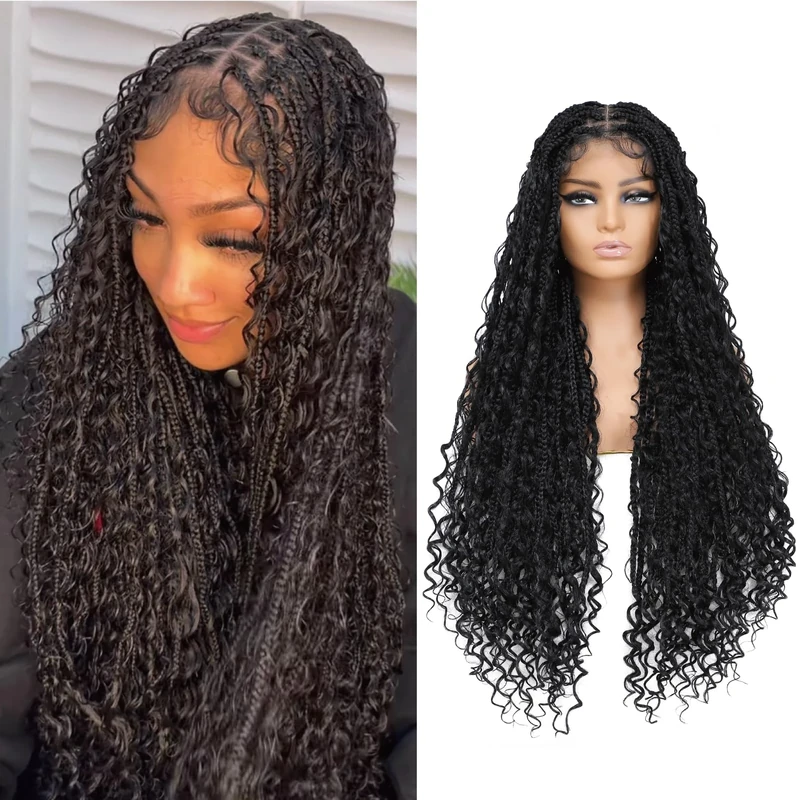 Humistwbiu Bohemian Braided Wig - Boho Box Braid, Knotless Goddess Locs With Curly Ends, Double Full Lace Square Synthetic With Baby Hair for Women, Natural Black, 36 Inch