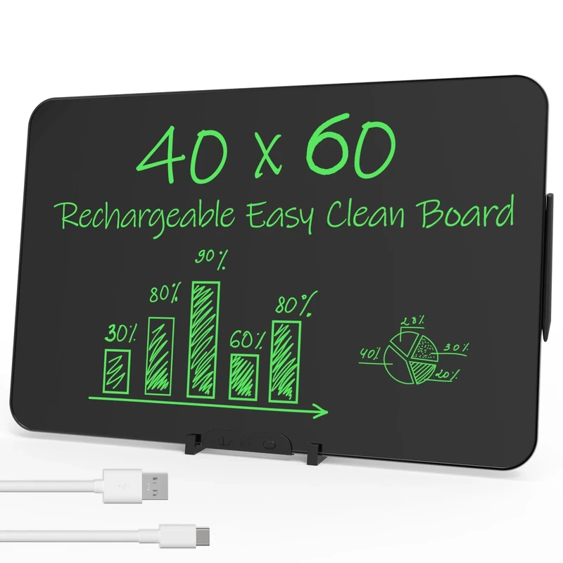 NEWYES Large Writing Board, Tabletop Easel, 40 x 60 cm Big Size, One Click Clear, Hall Sensor, Rechargeable, Reusable Smart LCD Board for Presentation Plan, Office School College Study Essential