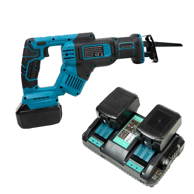 Powerful Reciprocating Saw Kit PNI CSW100 with 4 Blades Included and Dual Charger, 2 Batteries PNI DCH218 18V 5Ah