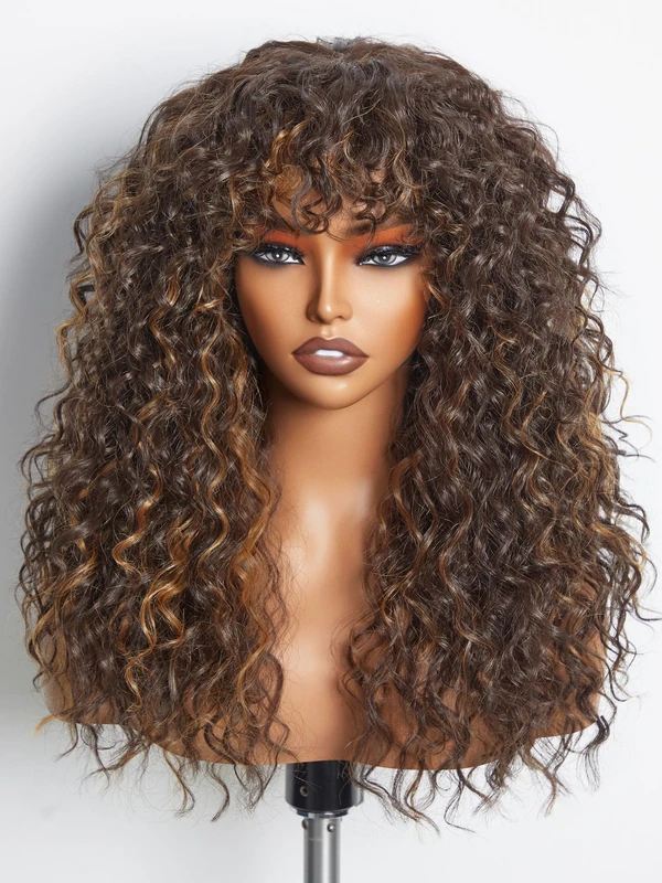 GORGIUS Veralux Blend Shaggy Haircuts Natural Highlight Curly Wigs with Bangs Crafted with Style-Archive Technology: Premium Fiber & Remy Human Hair Blended, Realistic Look with True Scalp - Image 1
