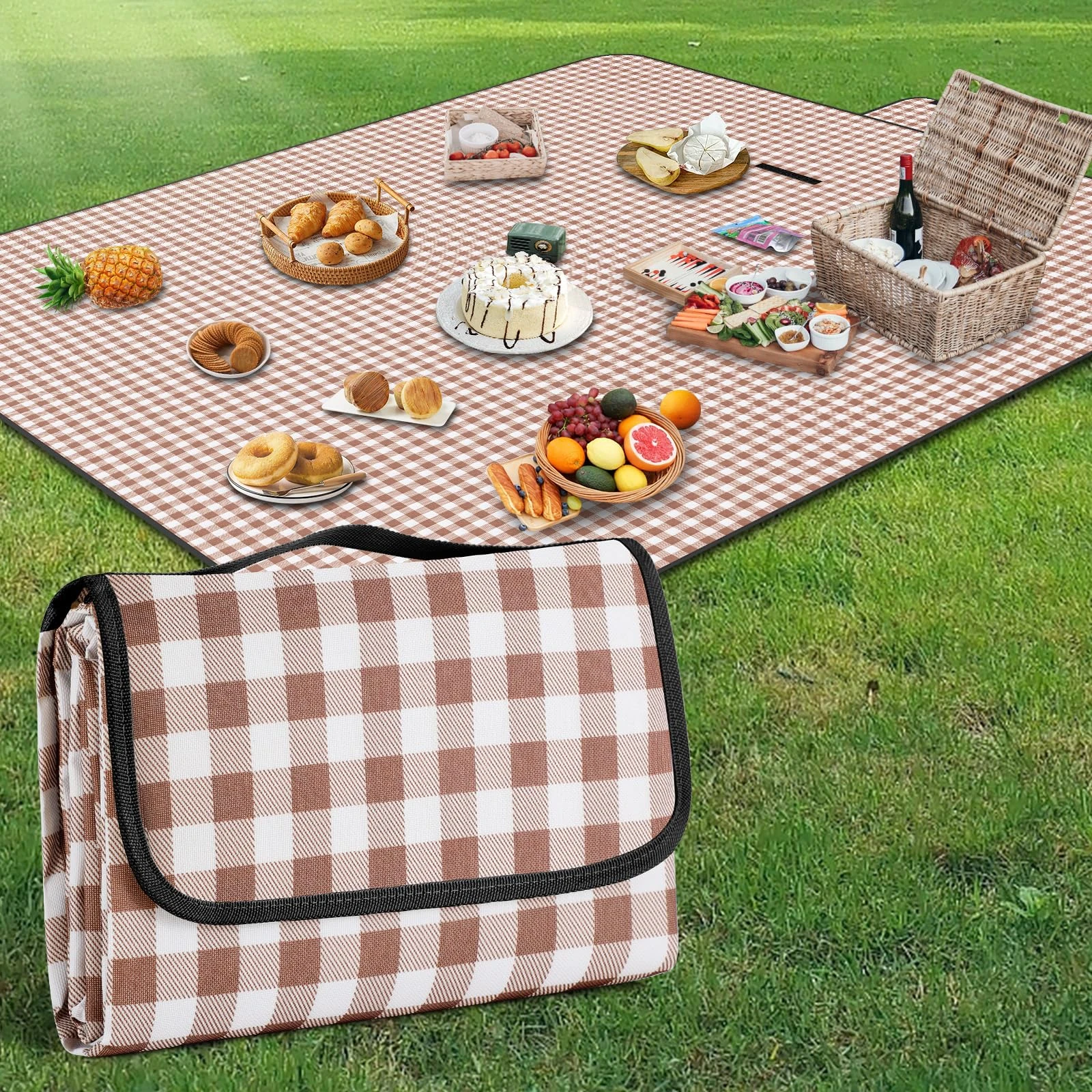 YAOMAISI Picnic Blanket,200 x 200cm Large Beach Blanket,camping Blanket,with handle,waterproof bottom,machine washable,outdoor foldable hiking blanket soft and portable (Coffee Grid)