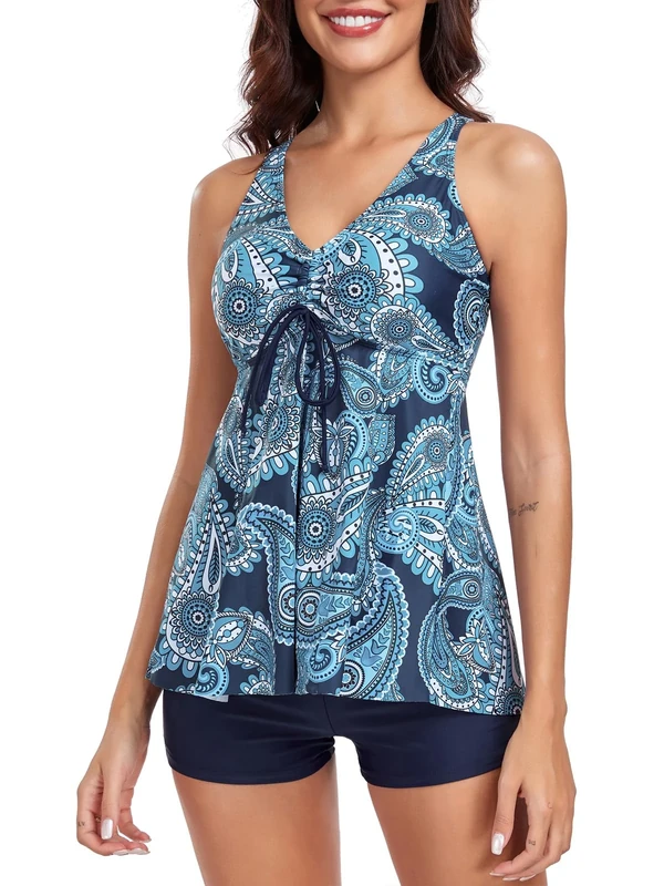 FLYILY Womens Print Strappy Tankini Sets Tummy Control Bathing Suits Cross Back Tankini Top(Blueprint,XL)