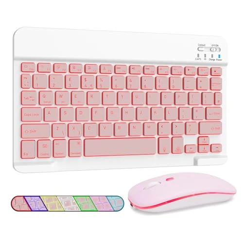 LAMA 7 Colors Backlit Wireless Keyboard and Mouse, Rechargeable Ultra Slim Universal Tablet Keyboard, Portable Bluetooth Keyboards for iPad/Tablet/iOS/Android/Windows/Laptop/Desktop Computer/Phone, PK