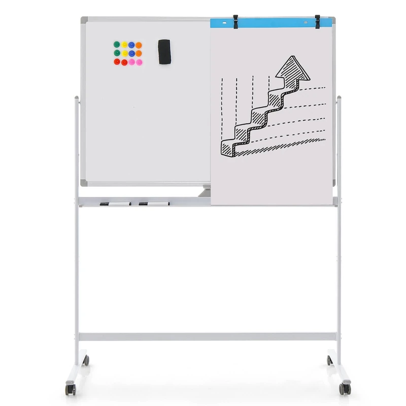 SFAREST Magnetic Whiteboard, Height Adjustable Reversible Dry Erase Board with Grid Pattern Board, Marker Tray, Double Sided Rolling Flipchart Board for Home Office School (White, 120 x 80cm)