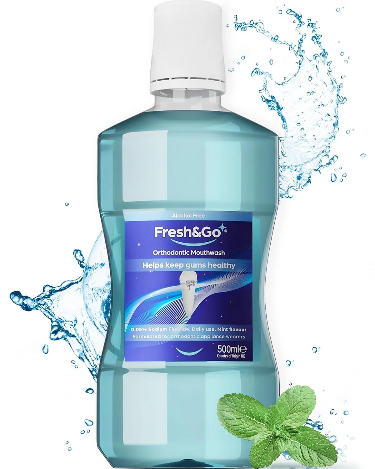 Fresh & Go® Orthodontic Fluoride Daily Mouthwash - Recommended for Orthodontic Braces - Clinically Proven Cavity Protection & Tooth Decay Prevention - Fresh Mint Flavour - Alcohol-Free (500ml)