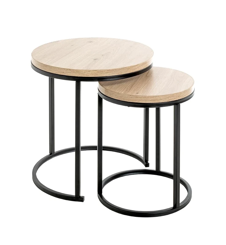 HAKU Möbel Set of 2 End Tables Oak, Black, Mdf, Metal - Size: H 43/49 cm X Ø 32/45 cm, Style: Modern