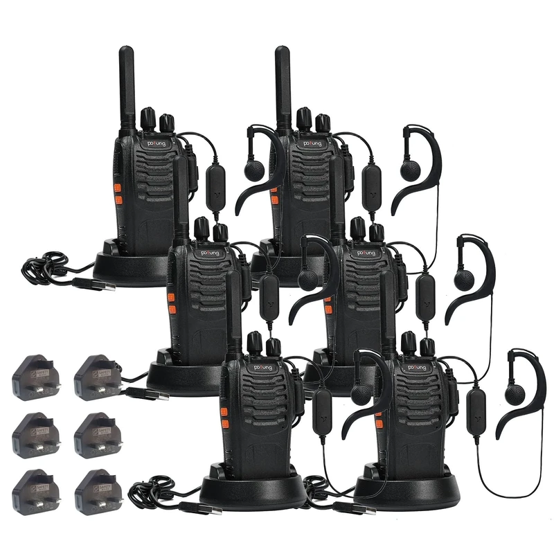 Walkie Talkie PMR446 License-free Handheld Two Way Radios pofung PT88E Professional Long Range Walkie Talkies for Adults with UK Charger Plug, Earpieces, VOX, Scan, 16 Channels, Light, Black, 6 Pack