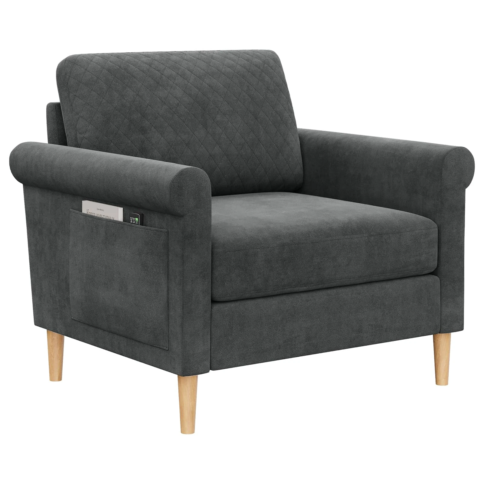 Vesgantti Fabric Accent chair, Upholstered Armchair with Bilateral Pocket Storage and Removable Cushions, Occasional Chair for Living Room Bedroom and Office, Tool-free Assembly, 80W*75D*86Hcm