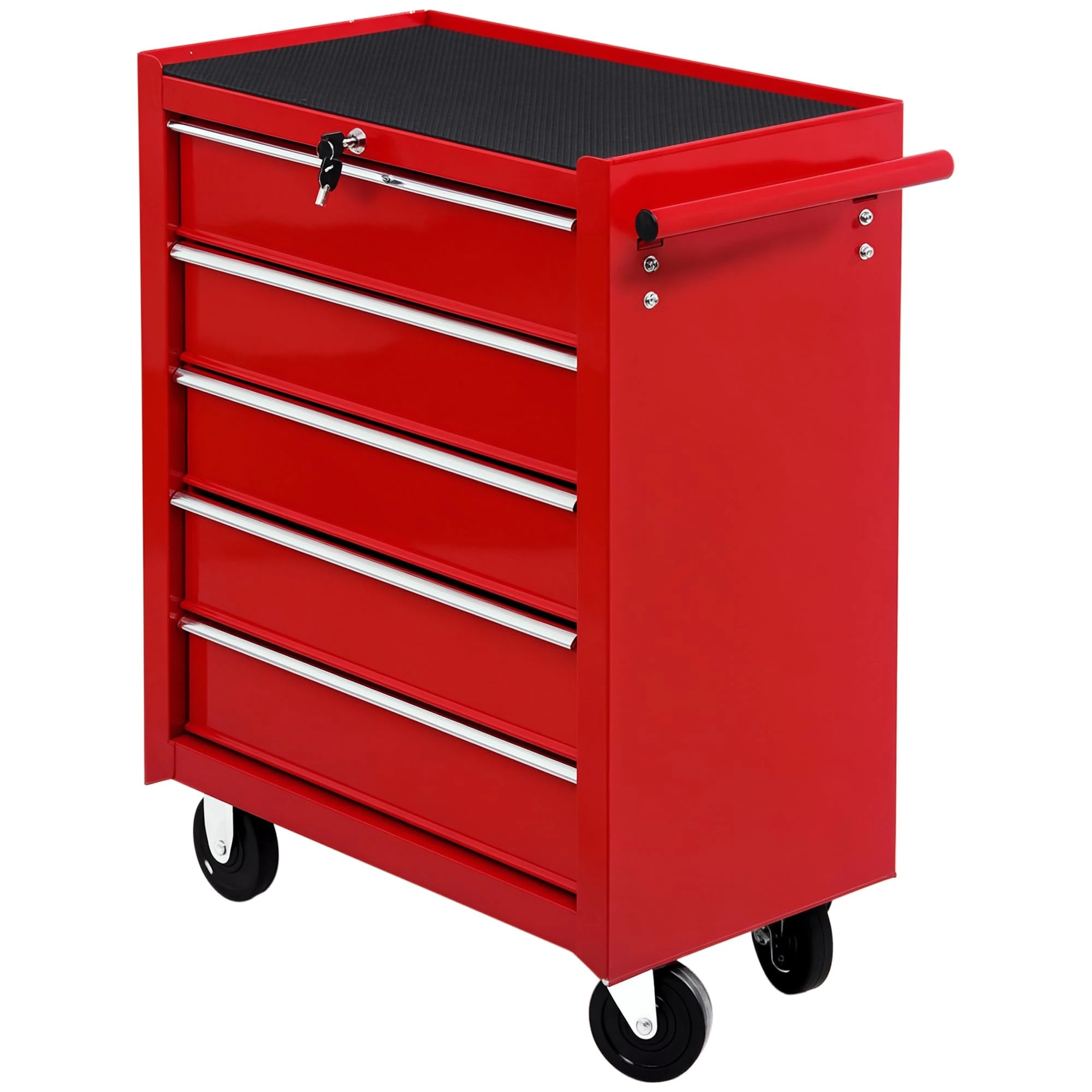 HOMCOM 5 Drawer Tool Box, Lockable Steel Tool Chest on Wheels, Rolling Chest Cabinet with 5 Drawers and Handle for Workshop, Garage, Red
