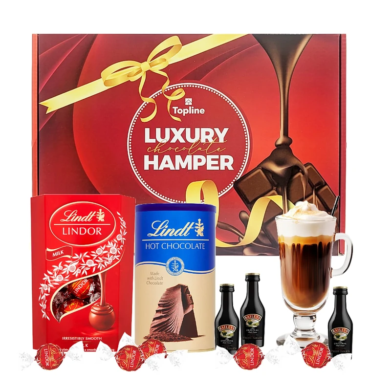 Irish Cream & Lindt Chocolates Hamper - Irresistibly Smooth Milk Chocolate Truffles 200g, Hot Chocolate 300g & 3 x 5cl Original Irish Cream Liqueur Miniatures. Gifts for Couples