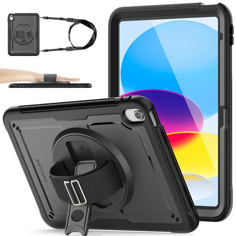 SEYMAC stock Case for iPad (A16) 11th/10th Generation 2025/2022 (11/10.9 Inch), Frosting-Anti-Slip Shockproof Case with Screen Protector, 360° Rotating Hand Strap/Stand, Pencil Holder, Black