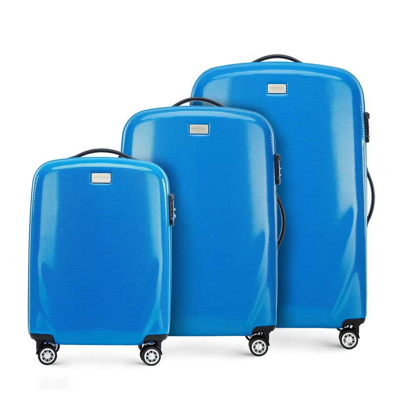 WITTCHEN PC Ultra Light Hard Luggage Travel Suitcase Trolley Suitcase Set of 3 suitcases Polycarbonate suitcases Four Wheels TSA Combination Lock Aluminum Telescopic Handle Size (S+M+L) Blue