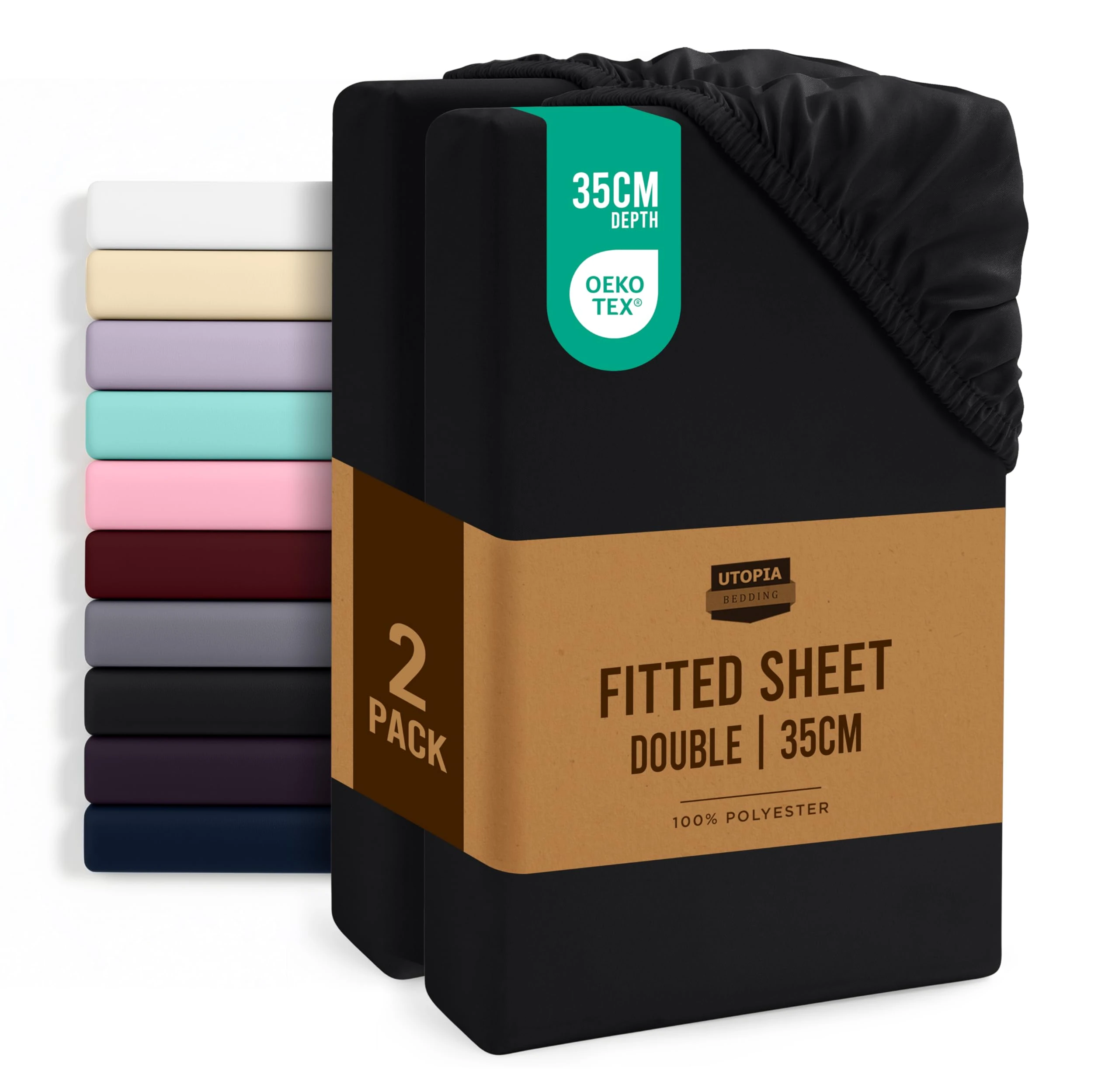 Utopia Bedding Fitted Sheet Double (2 Pack), Black - Deep Pocket 14 inch (35 cm) - Oeko Tex Certified - Easy Care - Soft Brushed Microfibre Fabric - Shrinkage and Fade Resistant - Bottom Sheet