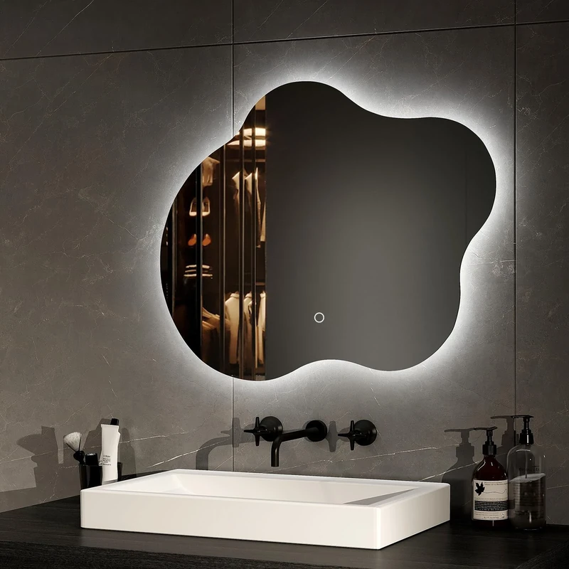 EMKE Bathroom Mirror with Led Lights - 500x600mm Irregular Shape Illuminated Frameless Bathroom Mirror Backlit Makeup Mirror with Demister, Dimming & 3 Colors, Memory Function, Vertical & Horizontal