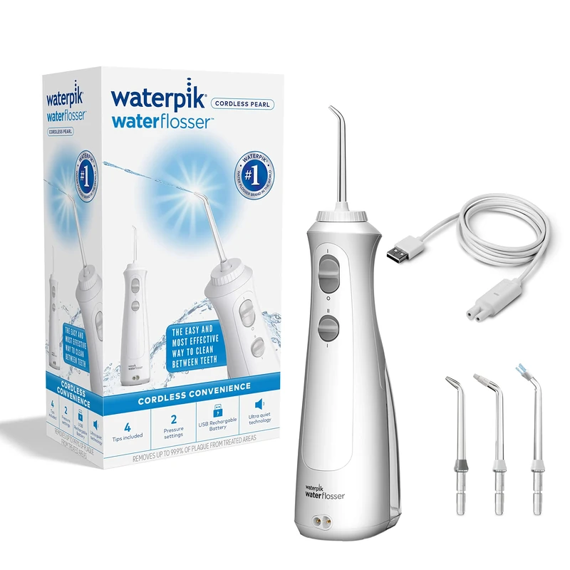 Waterpik Pearl Cordless Dental Flosser, Rechargeable Portable Dental Jet, Travel Size, Easy to Carry Removing Plaque, 2 Pressure Levels, White (WF-13)