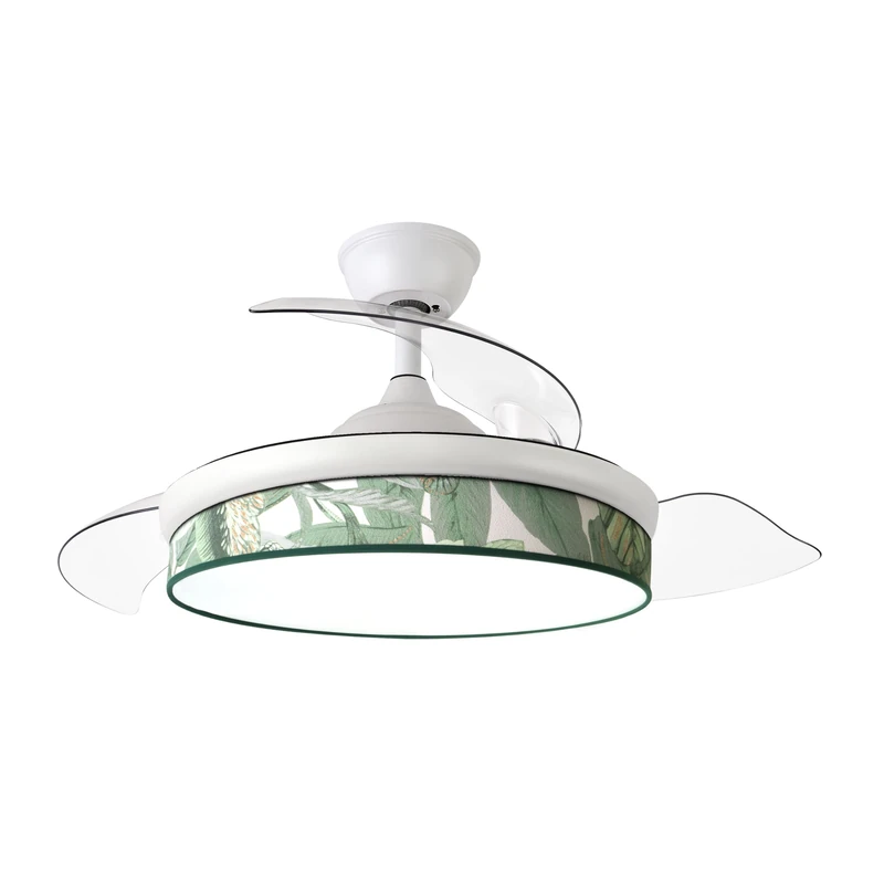 Abrila - DC Moda Fan | White with Three ABS Drop-Down Blades and Green Leaf Diffuser | 6 Adjustable speeds | 3 Light temperatures | with Timer and Remote Control Included