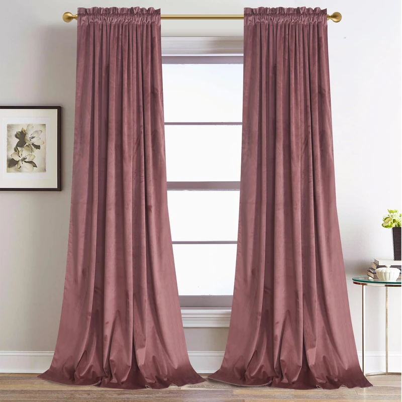 Roslynwood Extra Long 120 inches Dusty Rose Velvet Curtains - Super Soft Velvet Blackout Insulated for Livin Romm Holiday Party Decorative Drapes, W52 x L120, 2 Panels