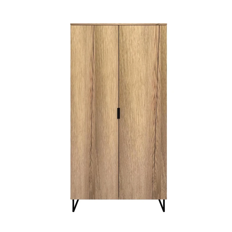 FWStyle Fisso Large 2 Door Wardrobe in Cracked Oak Finish with Black Metal Legs, Modern Bedroom Storage Cabinet with Hanging Rail and Shelf, Contemporary Wooden Wardrobe H185 x W80 x D55cm