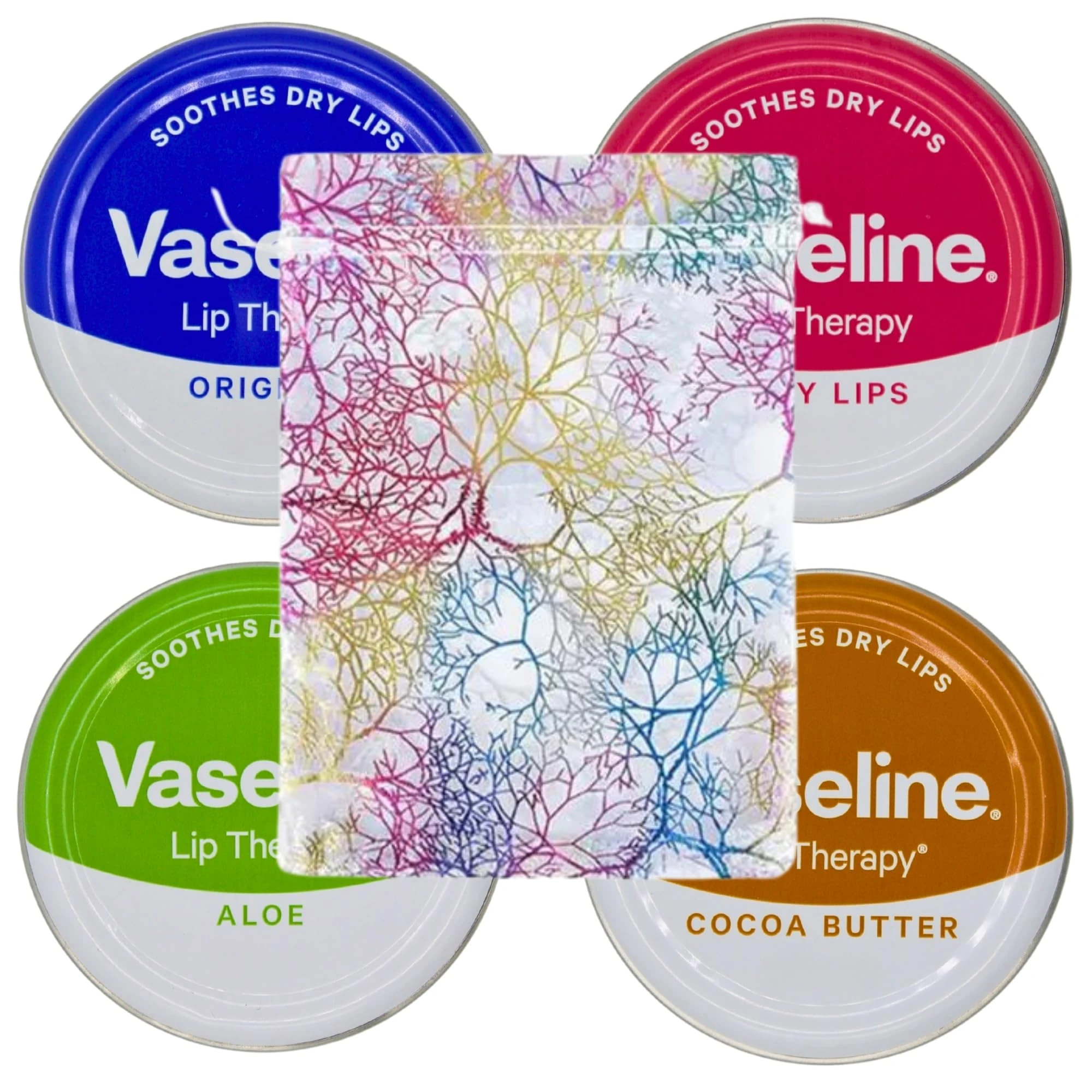 Lip Balm 4 X 20g (Rosy Lips, Cocoa Butter, Aloe, Original) Lip Balm Set Bundle with Glameno Drawstring Organza Bag