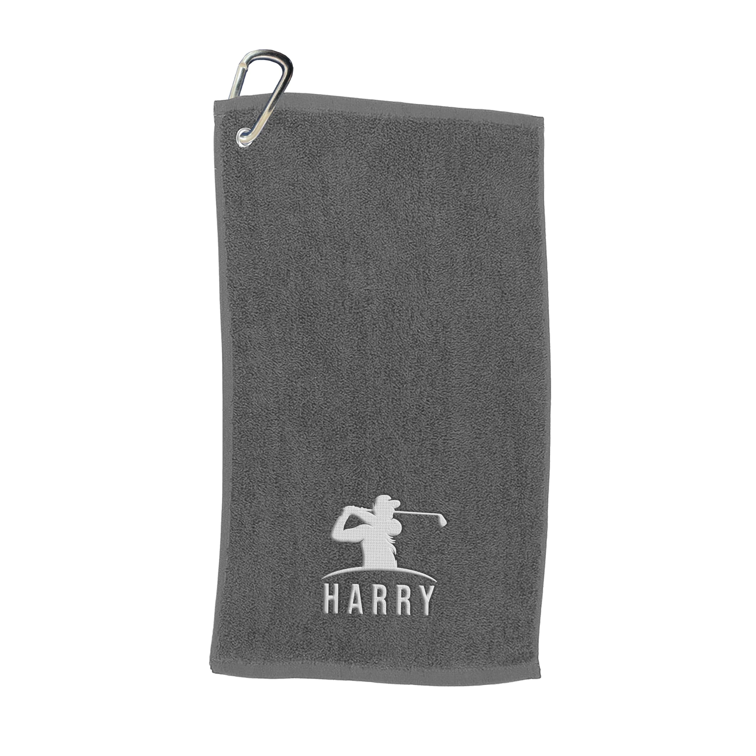 Varsany Personalised Grey Golfer Golf Towel – Embroidery and Clip 100% Ringspun Cotton Golf Accessories - Dad Golf Gift - Fathers Day Golf Gift