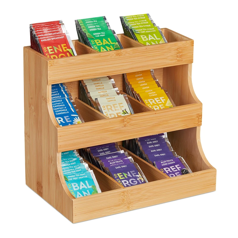 Relaxdays Tea Organiser, 9 Compartments, Bamboo, HxWxD: 24 x 27 x 17.5 cm, Bags & Coffee Pads, Storage Rack, Natural