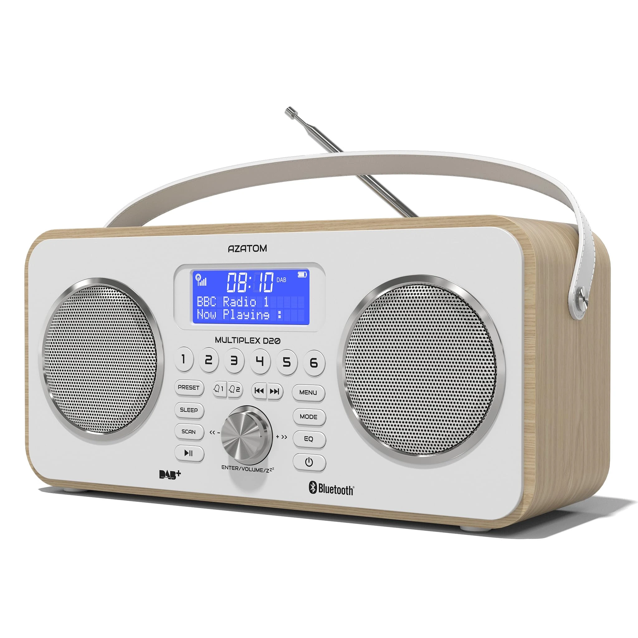 DAB/DAB+ & FM Portable Digital Radio | Bluetooth | Remote Control | Rechargeable Battery | Dual Alarms & Sleep Timer | Perfect for Home, Office or Outdoors | AZATOM Multiplex D20 (Oak)