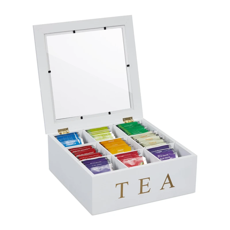 Relaxdays Tea Organiser, 9 compartments, Tea Bag Box, MDF, Acrylic Transparent Window, 9 x 23.5 x 23.5 cm, White/Gold