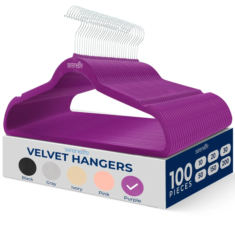 SereneLife 100 Pieces Velvet Hangers - Space Saving Heavy Duty Slim Suit Clothes Hanger Set with 360 Degree Swivel Metal Hook, Can Hold Up to 4.5 kg For Coats, Jackets, Pants & Dress (Purple)